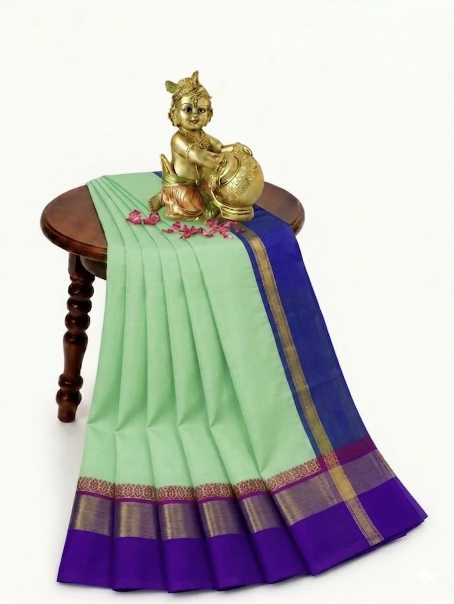 Lime Green with Maroon Gold Border Korvai Cotton Saree